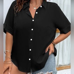 Plus Solid Black Button Through Shirt - SHEIN
